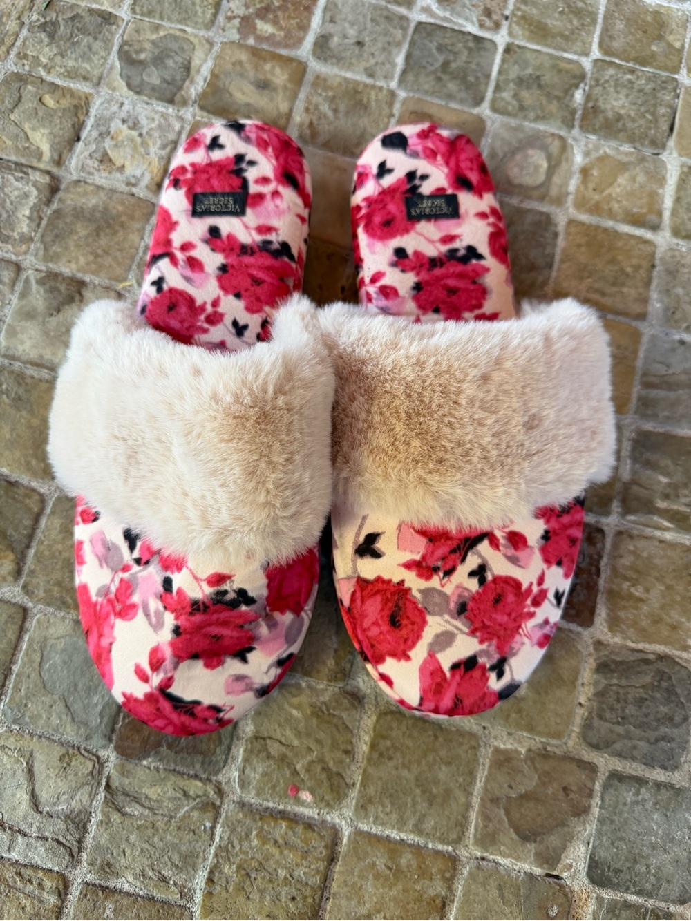 Victoria secret Pink Floral Faux-Fur Slip-On Slippers
